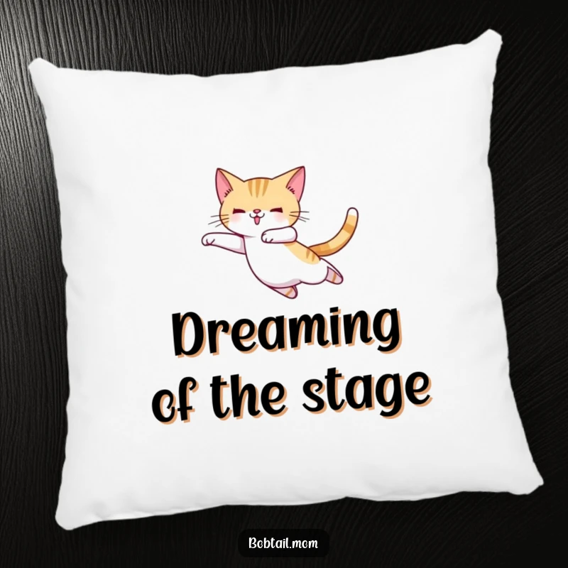 Funny Bobtail cat in ballet slippers, mid-leap, offering plush and humorous comfort for dance studios or bedrooms.