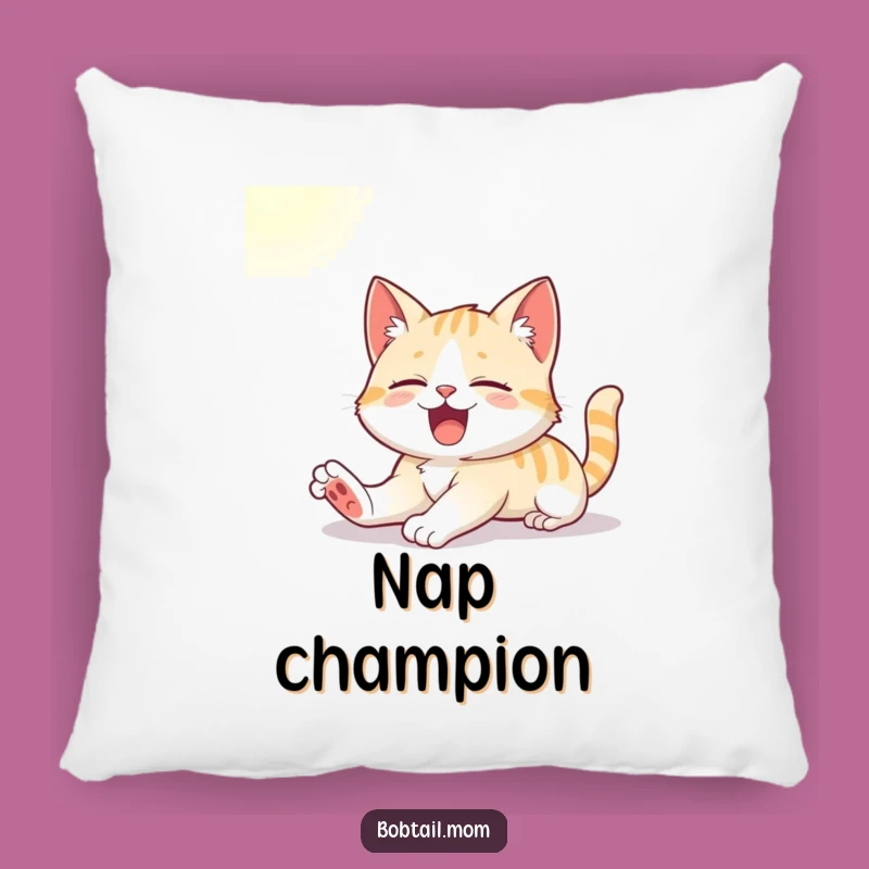 Funny Bobtail Cat Accent Pillow: Cute Cat Yawning in Sunlight