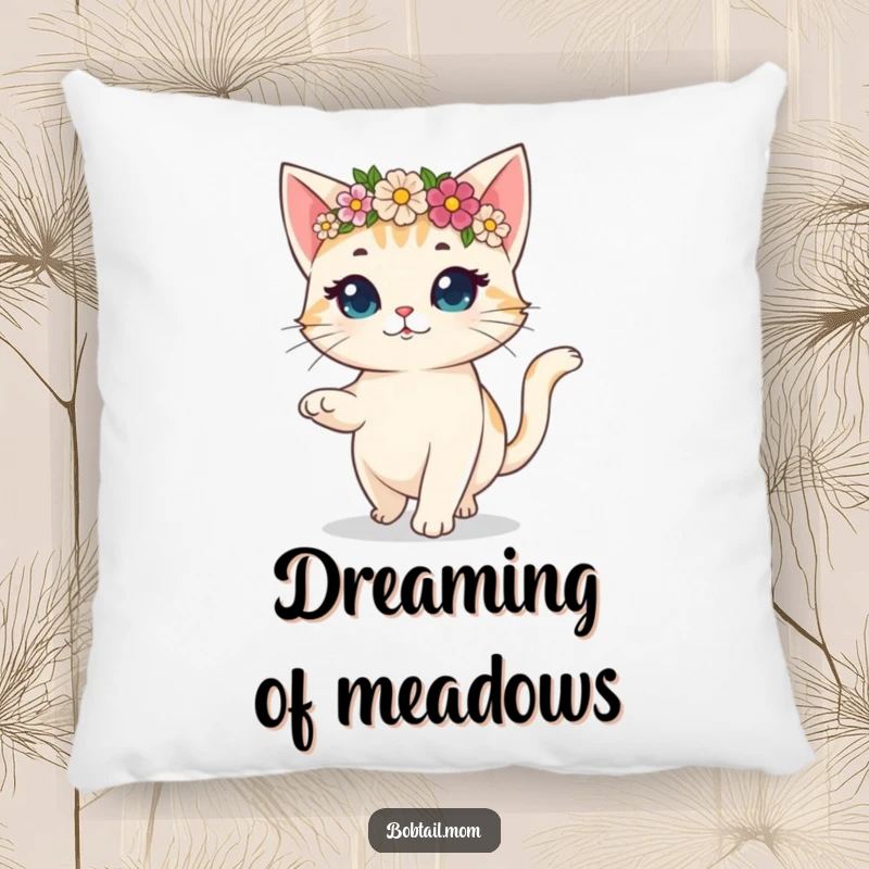 Funny pillow showcasing a bobtail cat with a flower crown, prancing gaily, adding a touch of whimsical comfort.