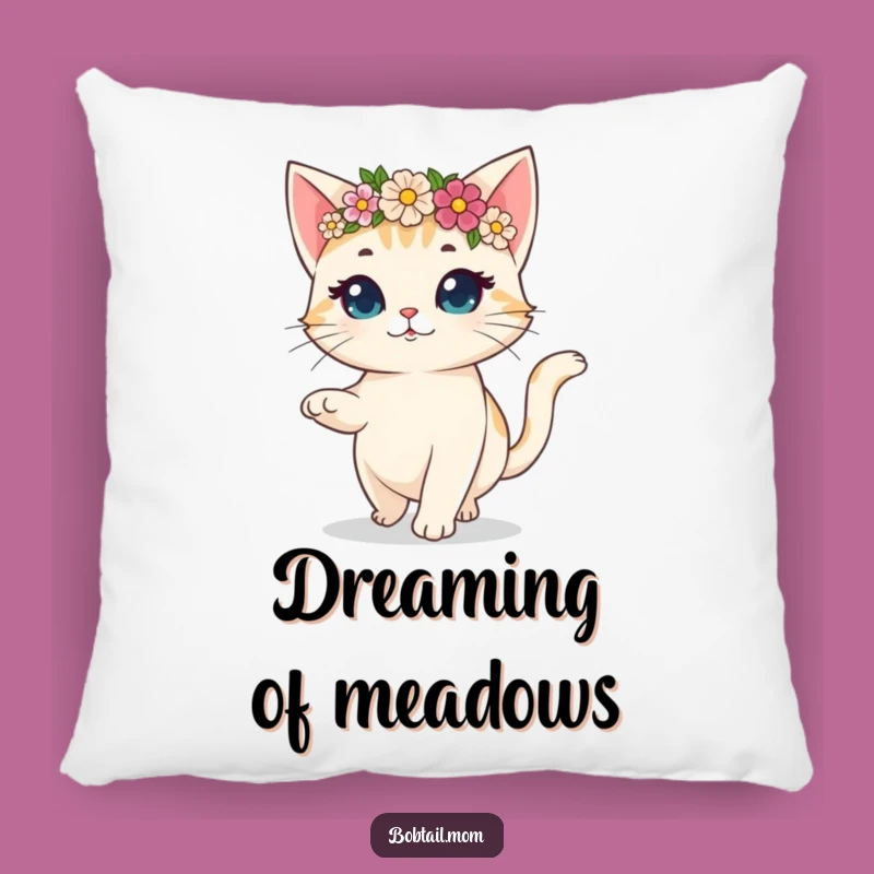 Funny Bobtail Cat Flower Crown Pillow: Cozy Comfort with Hilarious Prancing Charm