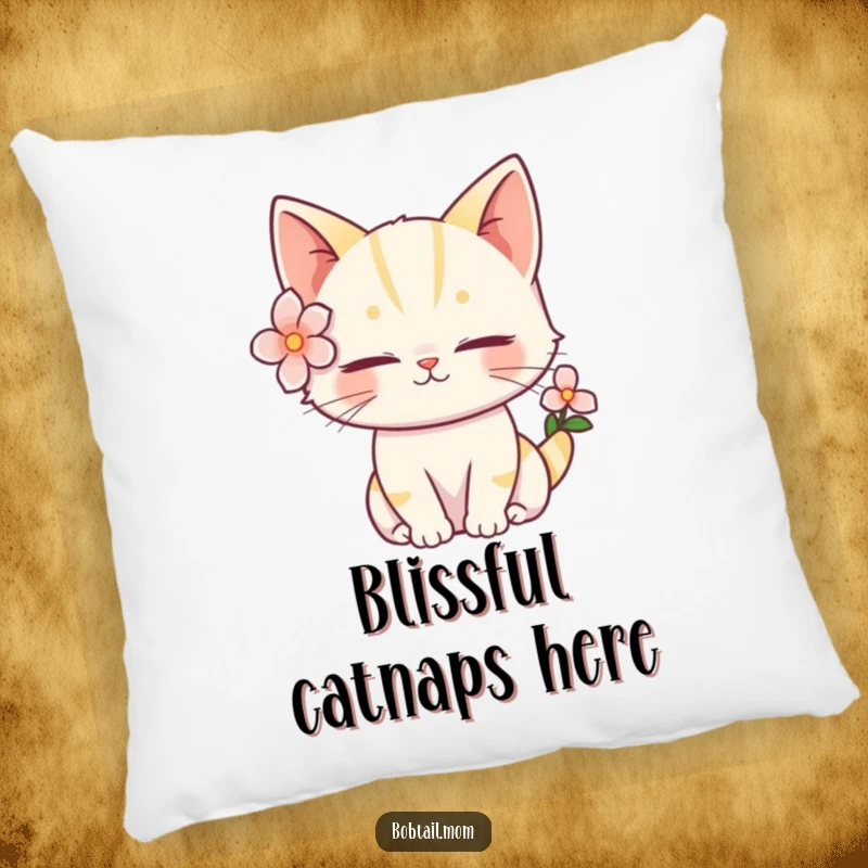 Funny Bobtail Cat Pillow featuring a serene feline with a flower, offering humorous comfort and tranquil style.