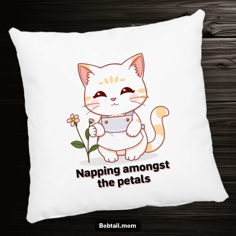 Funny Bobtail cat in a cute apron tending a small flower. A cute and humorous pillow, perfect gift for plant lovers.
