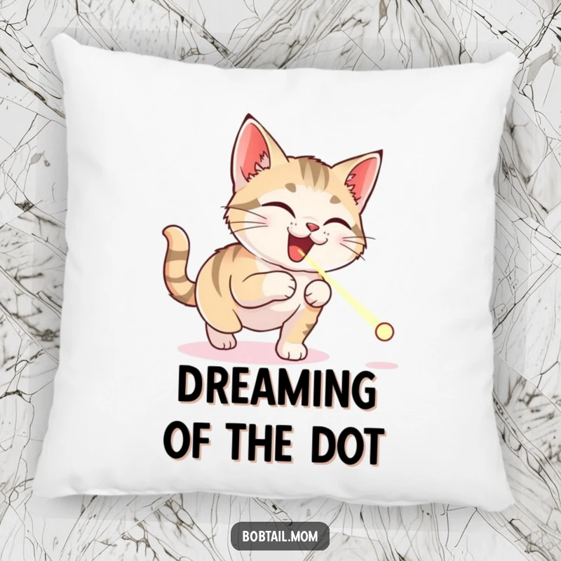 Funny Bobtail cat pillow featuring a delighted cat mesmerized by a tiny laser pointer dot, perfect for adding a humorous touch to any room.
