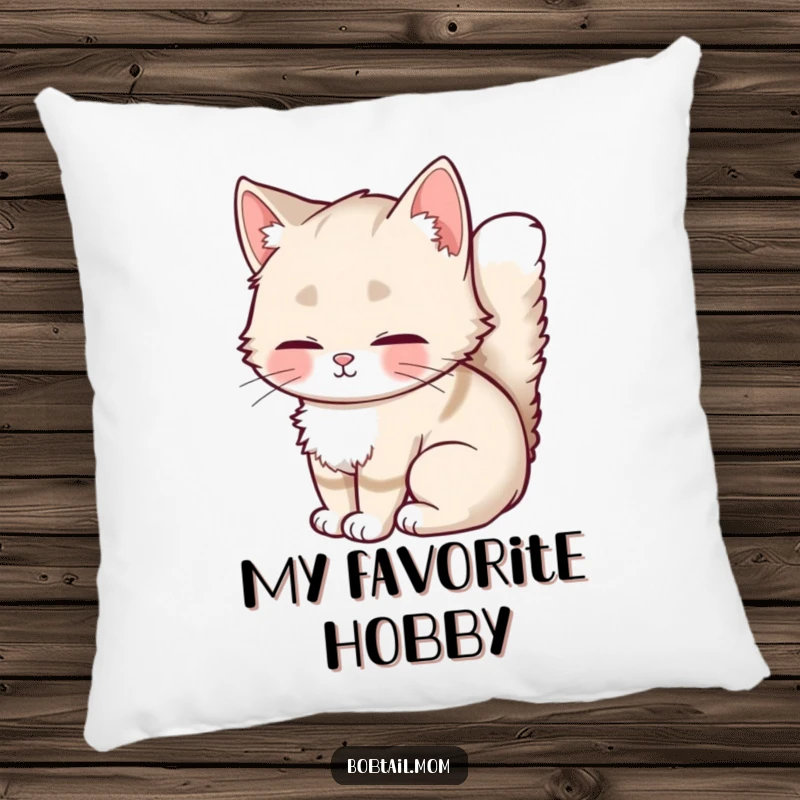 Funny Bobtail Cat Pillow featuring a fluffy-tailed cat curled up, offering plush comfort and irresistibly cute, humorous appeal.