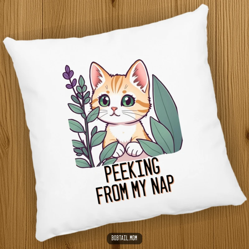 Funny Bobtail cat with wide eyes peeking from behind a plant, featured on a plush decorative pillow.