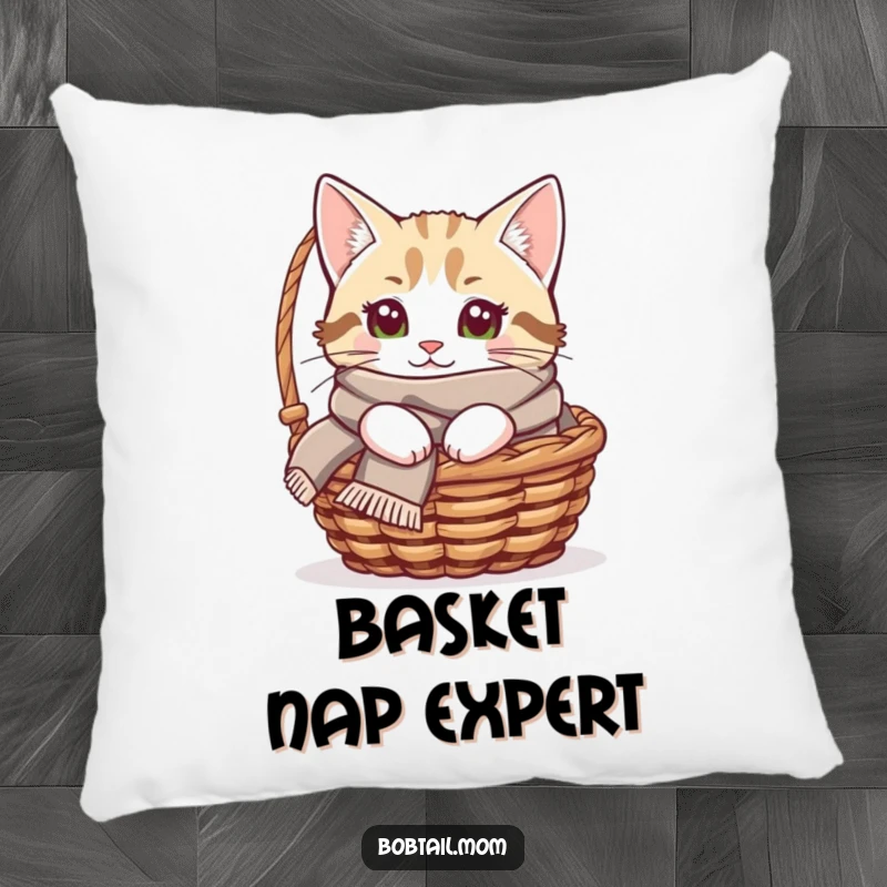 Funny Bobtail cat pillow featuring a cat in a cozy scarf peeking from a basket, offering ultimate comfort and cuteness.
