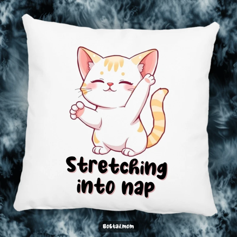 Funny Bobtail Cat Pillow featuring a graceful feline performing a gentle stretch, offering humorous comfort and style.