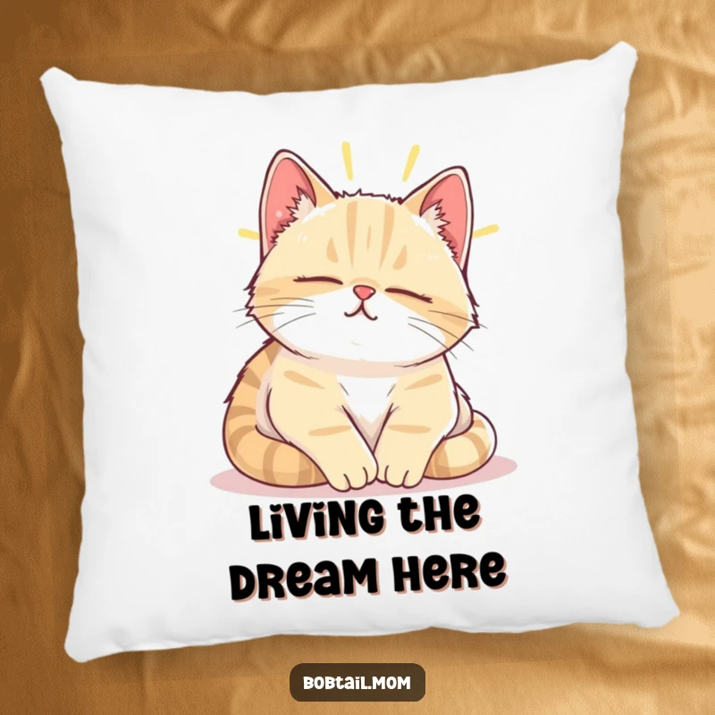 Funny Bobtail cat sighing contentedly, napping peacefully in a sunbeam, featured on a plush pillow.