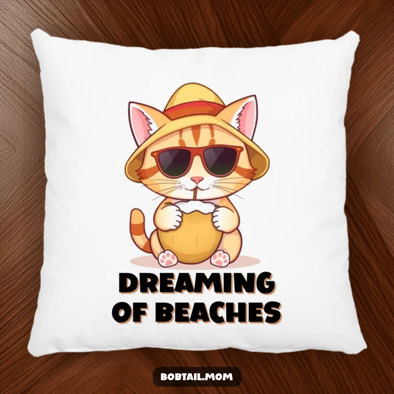 Funny pillow showcasing a bobtail cat with a sun hat, sipping from a coconut, adding a touch of tropical comfort.