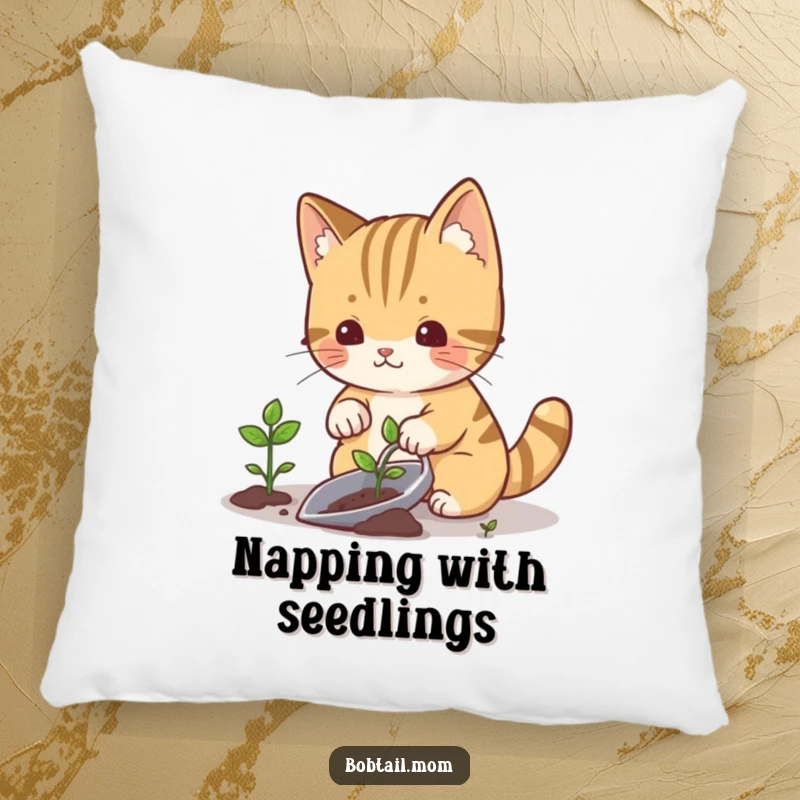 Funny bobtail cat planting a small sprout with a gardening trowel, looking content, perfect for a comfortable pillow.