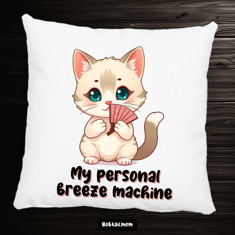 Funny chic Bobtail cat fanning itself with a decorative fan. A stylish and humorous pillow, perfect gift for cat moms.