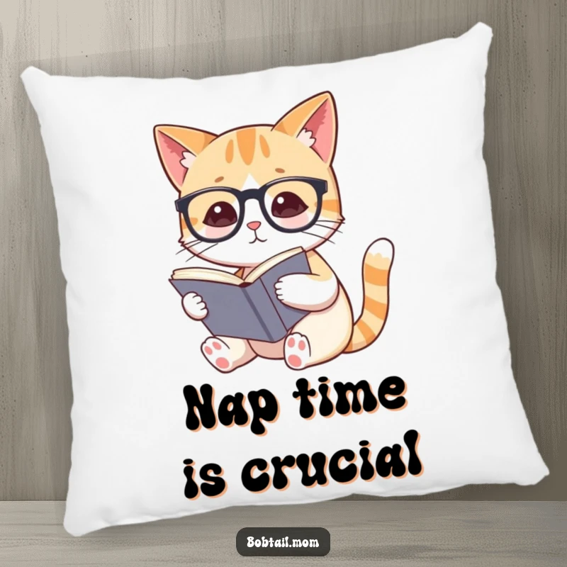 Soft, funny pillow showcasing a Bobtail cat with glasses reading a book, adding comfort and humor to any room.