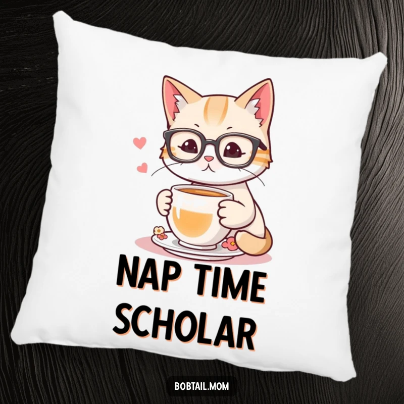 Funny pillow showcasing a bobtail cat wearing reading glasses and holding a teacup, adding a touch of cozy humor.