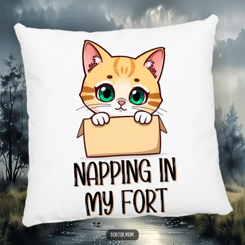 Funny Bobtail Cat Pillow with a cute feline character peeking curiously from a box, offering comfort and a humorous, inquisitive design.