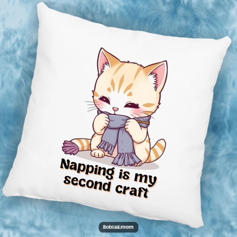 Funny Bobtail cat focused on knitting a small scarf, looking determined. A soft and humorous pillow, perfect gift for cat moms.