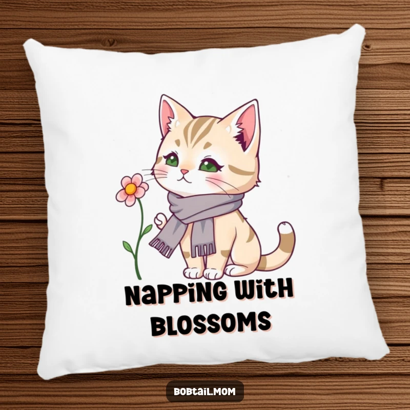 Funny Bobtail Cat Pillow: A cute bobtail cat wearing a dainty scarf is pictured admiring a pretty flower.
