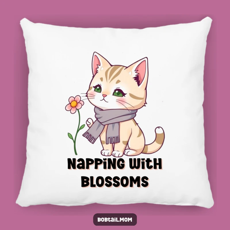 Funny Bobtail Cat Pillow: Dainty Scarf Flower Gazing Cushion, Comfy Funny Gift Decor