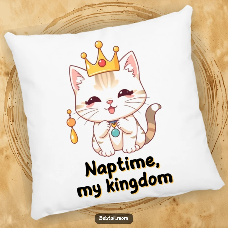 Funny Royal Bobtail Cat Pillow: Cat wearing a crown, batting a charm, offering cozy comfort and regal humor.