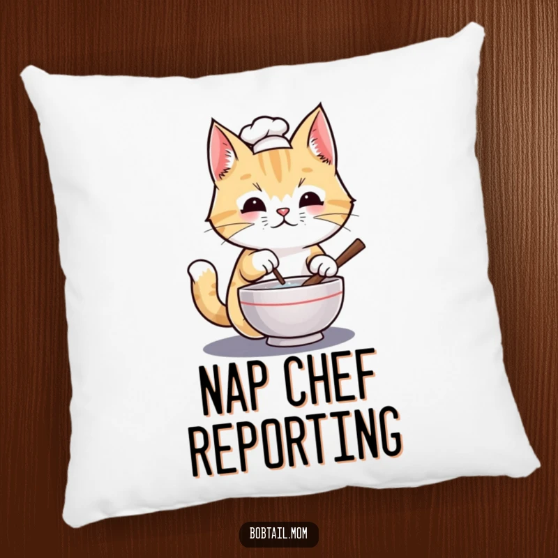 Funny Bobtail cat chef wearing a tiny hat, stirring a miniature bowl, depicted on a soft, plush pillow.