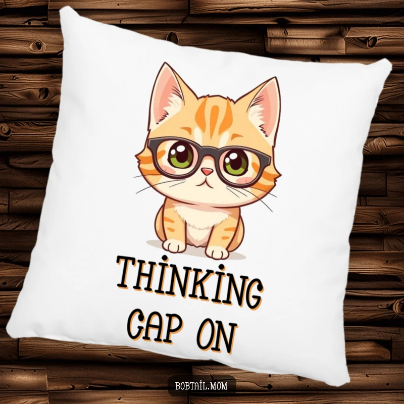 Soft pillow with a funny bobtail cat wearing large glasses, looking very curious and inquisitive.