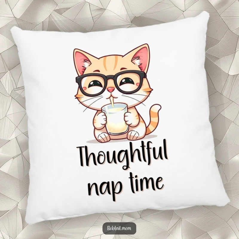 Funny pillow featuring a Bobtail cat wearing reading glasses and sipping milk, a comfortable and witty addition to any room.