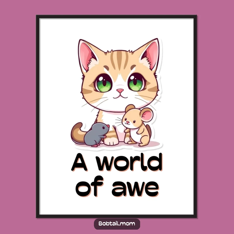 Funny Bobtail Cat Digital Art: Wide-Eyed Wonder Decor, Instant Download
