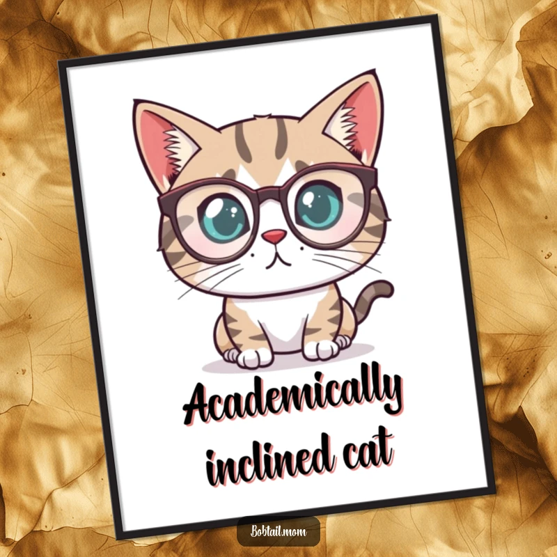 Funny Bobtail cat with a determined look wearing tiny reading glasses, available as a high-resolution digital art print.