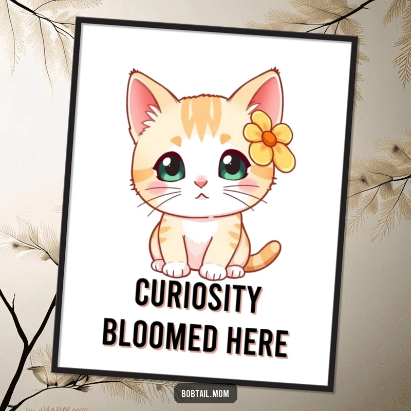 Funny Bobtail cat with a flower behind its ear, looking curious, available as a high-resolution digital art print.
