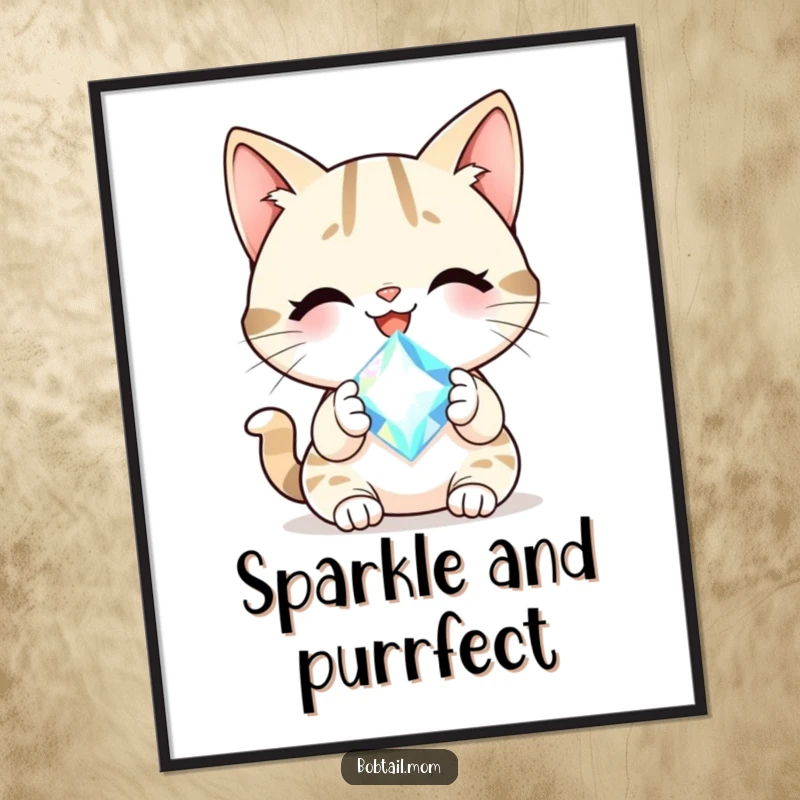 Funny Bobtail cat with a cheerful smile holding a sparkling gem, available as a high-resolution digital art print.