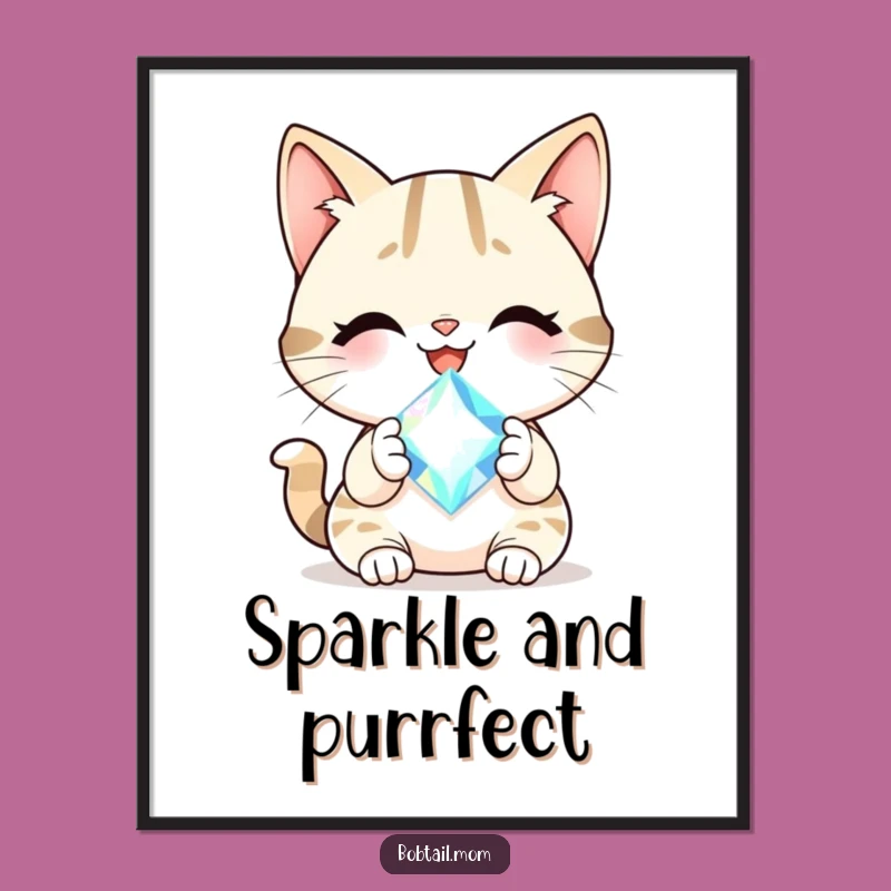 Digital Funny Bobtail Cat Gem Art: Instant Cheerful Sparkle for Your Walls