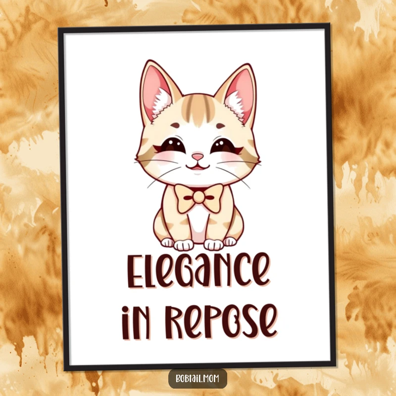 Funny Bobtail Cat Digital Art Print of a charmingly smiling cat wearing a neat bowtie, perfect for instant humorous decor.
