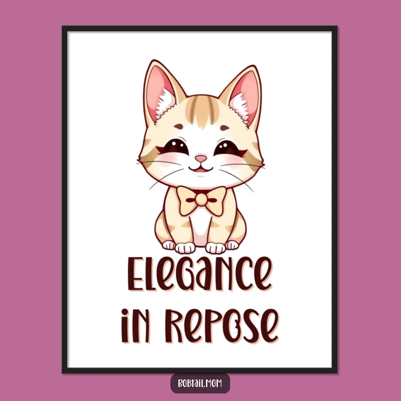 Funny Bobtail Cat Bowtie Digital Art: Charming Smiling Feline Print, Instant Funny Gift