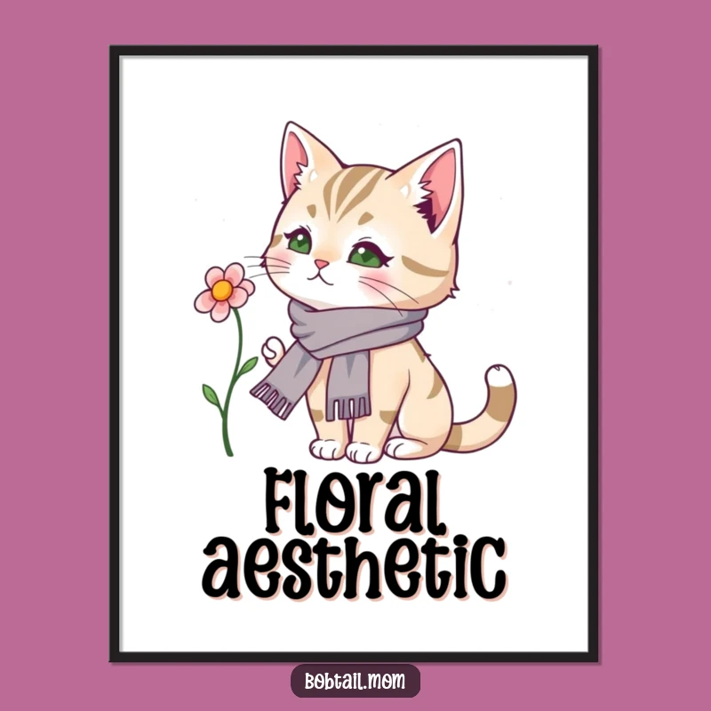 Funny Bobtail Cat Digital Art: Dainty Scarf Flower Admirer Print, Elegant Wall Decor Funny Gift
