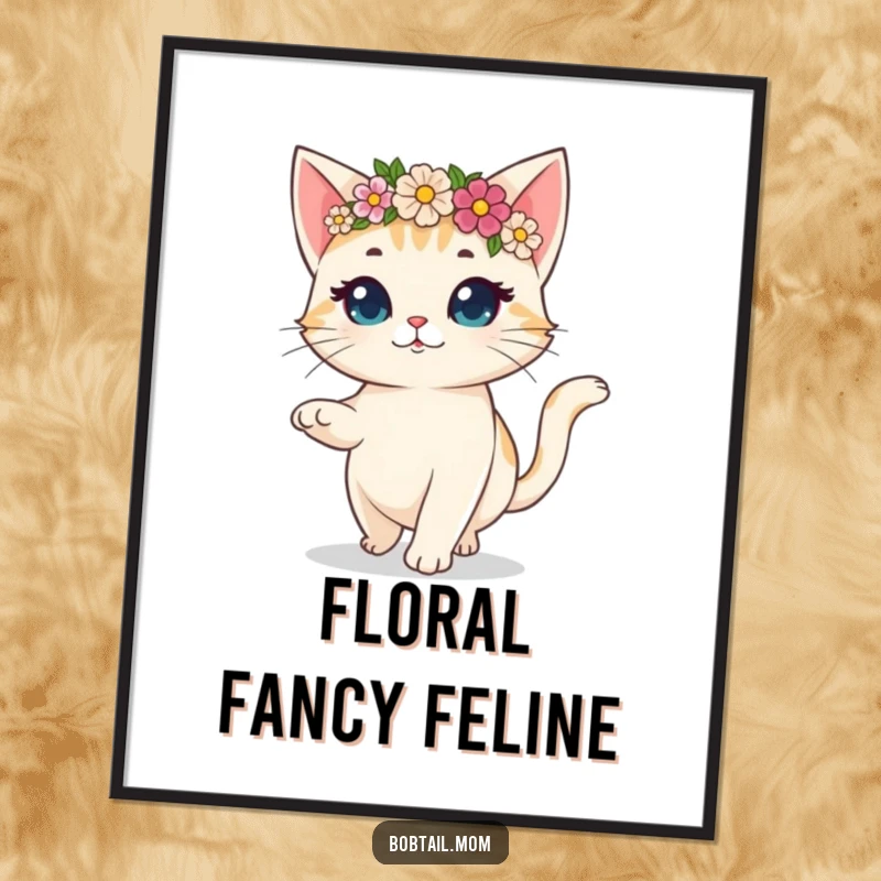 Funny digital art print of a bobtail cat wearing a flower crown, prancing gaily, designed to add joyful whimsy.