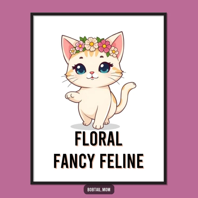 Funny Bobtail Cat Flower Crown Digital Art Print: Hilarious Prancing Wall Decor