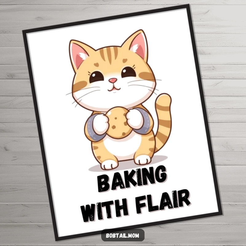 Funny Bobtail cat in oven mitts, holding a tiny cookie, vibrant digital art for humorous and charming kitchen decor.