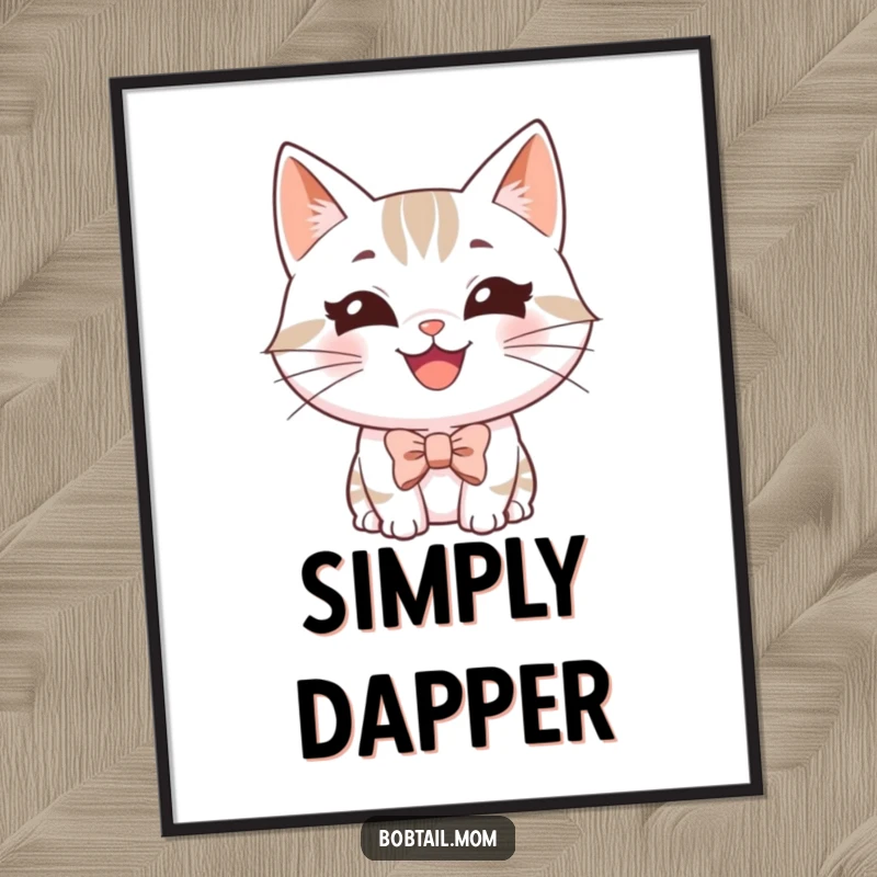 Funny Bobtail cat digital art print of a happy, grinning cat wearing a tiny bowtie, perfect for instant charming decor.