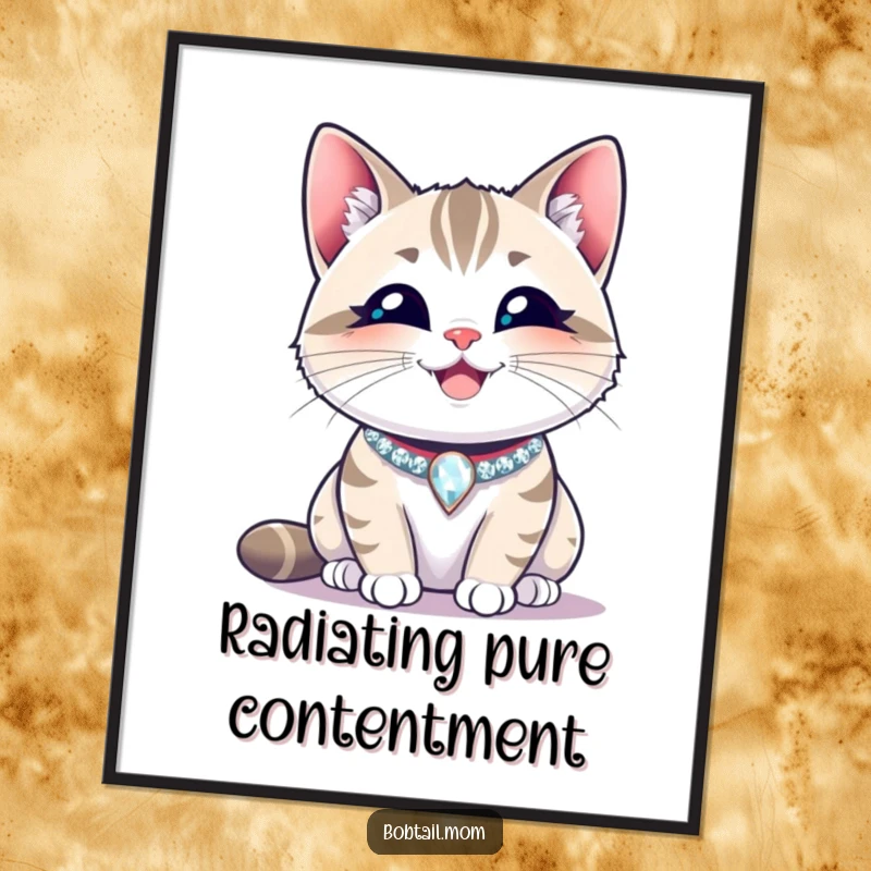 Funny Bobtail cat wearing a sparkling collar, smiling contentedly. Humorous digital art, perfect for happy cat lovers, a fun gift.