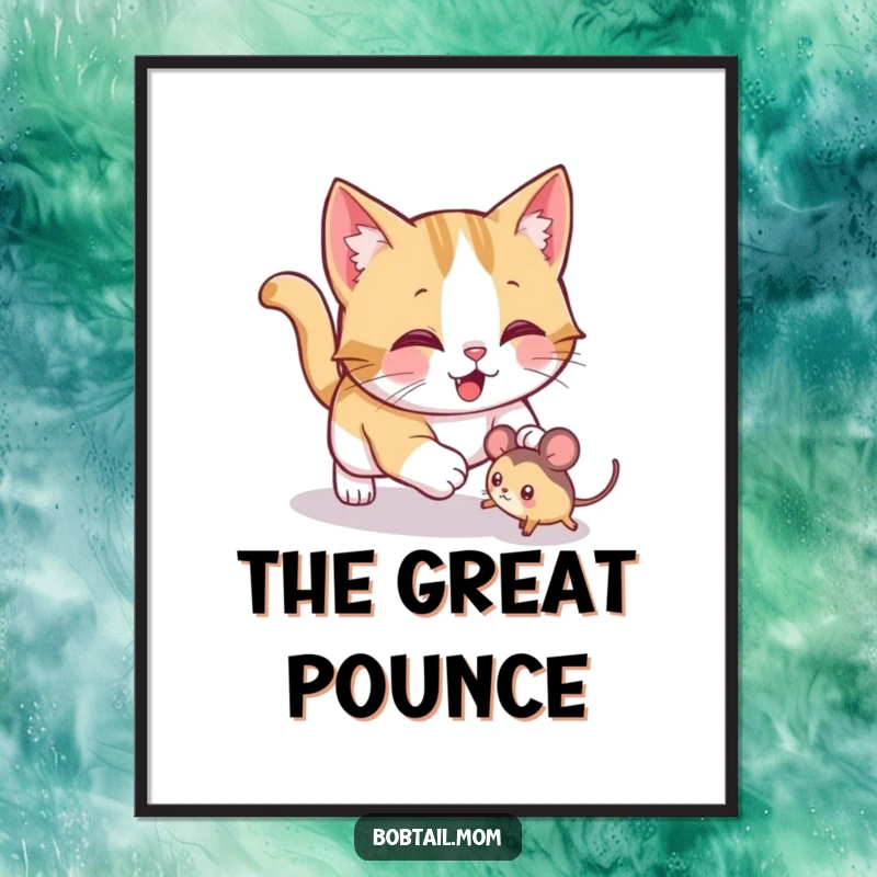 Funny Bobtail cat digital art print showing a jolly cat playfully pouncing on a toy mouse, perfect for instant energetic wall decor.