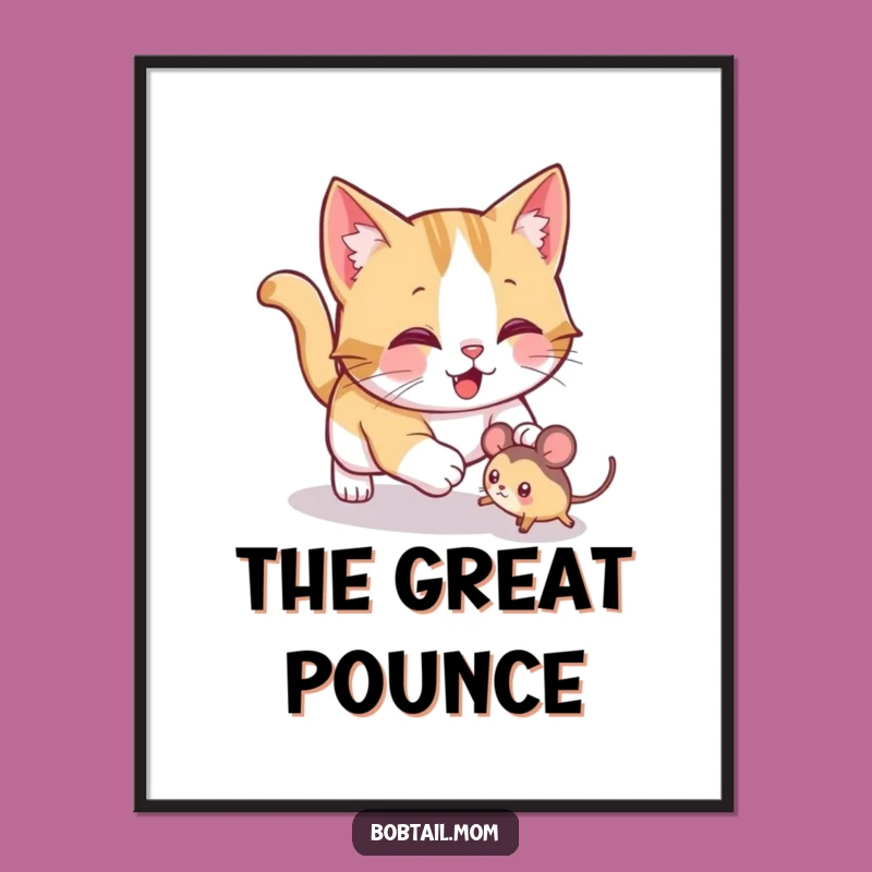 Funny Bobtail Cat Pounce Digital Art: Instant Playfulness with Hunter Design Print Gift