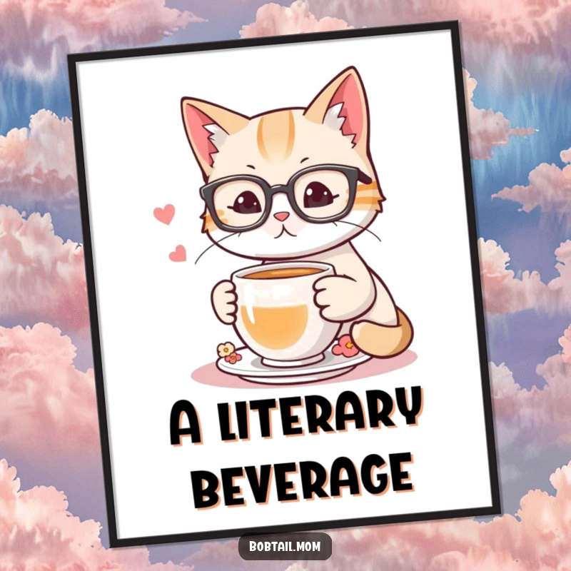 Funny digital art print of a bobtail cat wearing reading glasses, sipping tea, designed to add cozy humor to walls.