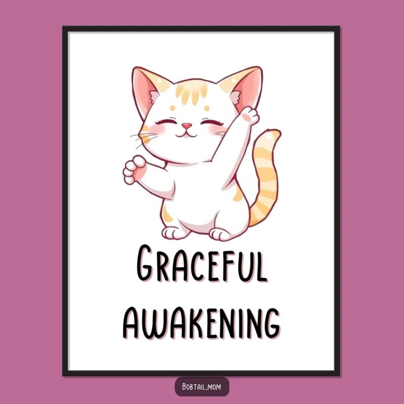 Funny Bobtail Cat Stretch Digital Art: Graceful Feline Print, Instant Funny Gift