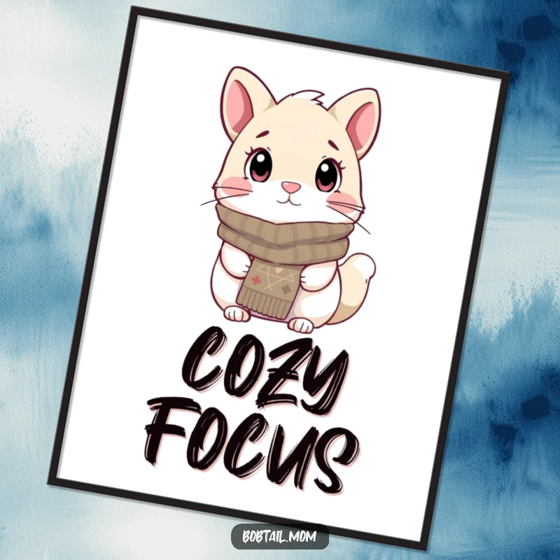 Funny Bobtail Digital Art Print of a dog wearing a knitted scarf, looking cozy and attentive, offering instant warm decor and humor.