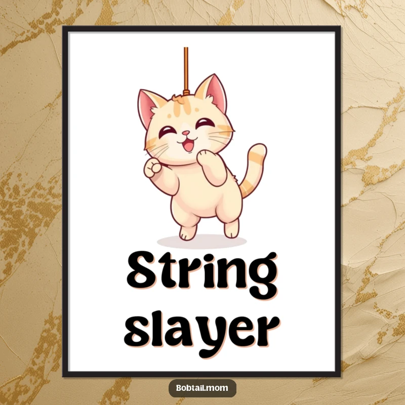 Funny Kawaii Bobtail Cat Digital Art Print of a cute cat character in an energetic pounce, capturing humor and playful feline action.