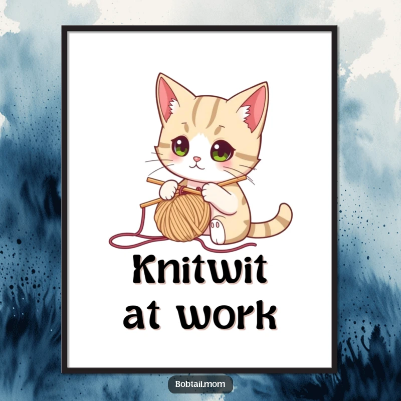 Funny bobtail cat knitting with yarn and needle, focused, presented as a humorous craft-themed digital art print.