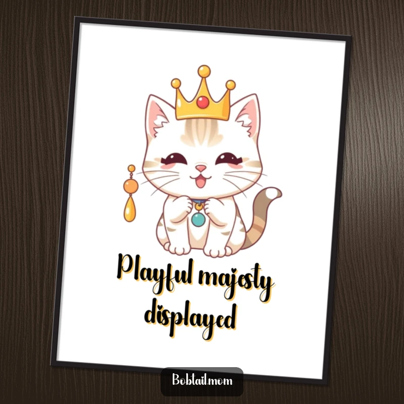 Funny Royal Bobtail Cat Digital Art Print: Cat with a crown batting a charm, offering instant, regal, and funny wall art.