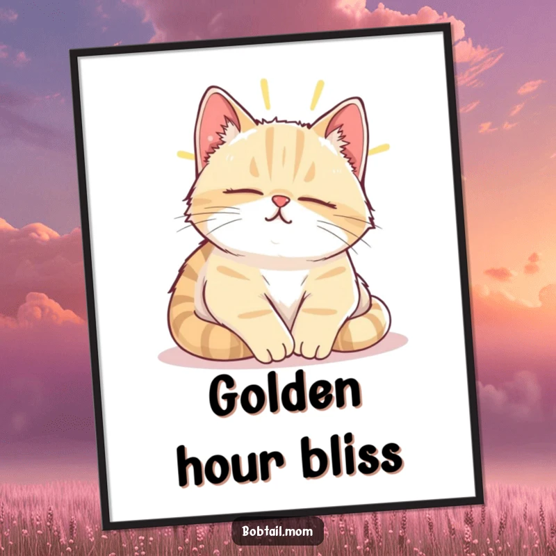 Funny Bobtail cat contentedly napping in a sunbeam, available as instant digital art.