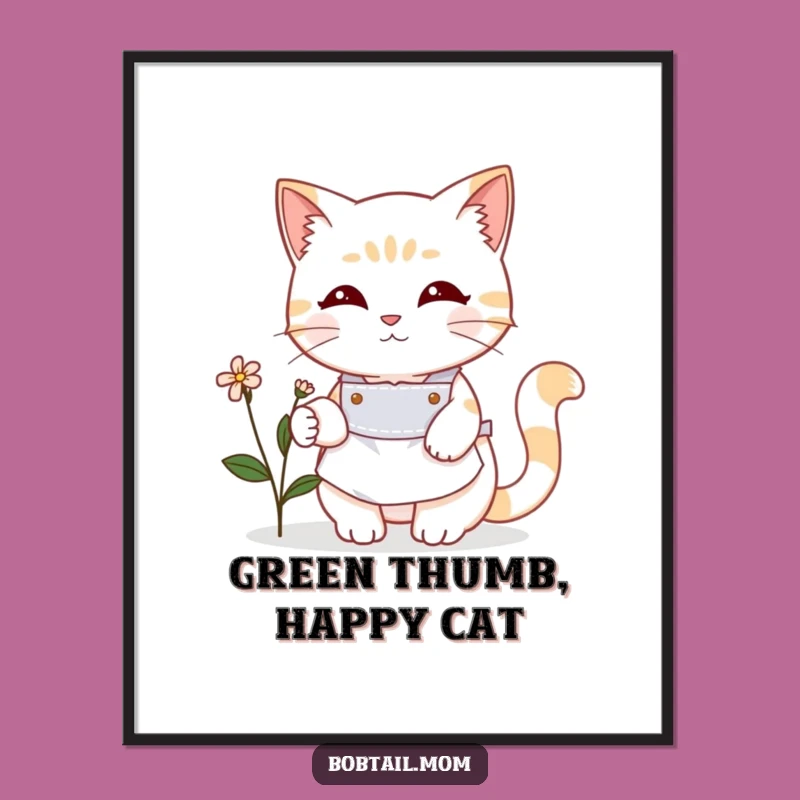 Funny Bobtail Cat Gardener Digital Art: Instant Download of Cute Feline Nature Art