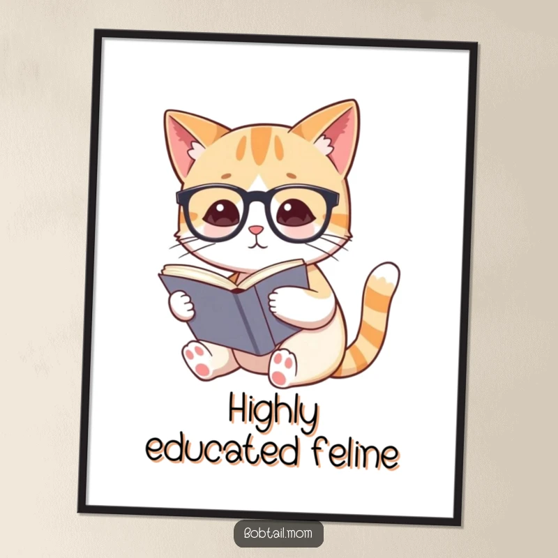 Funny digital art print of a Bobtail cat wearing reading glasses and holding a book, perfect for wall art.