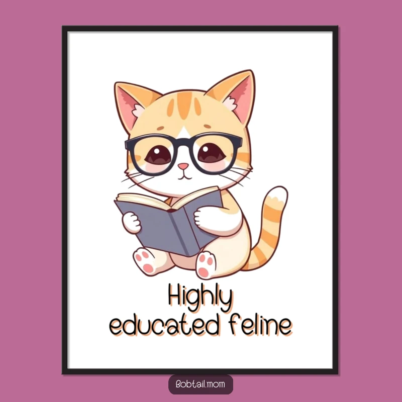 Funny Bobtail Cat Reading Digital Art: Instant Decor for Bookish Cat Lovers